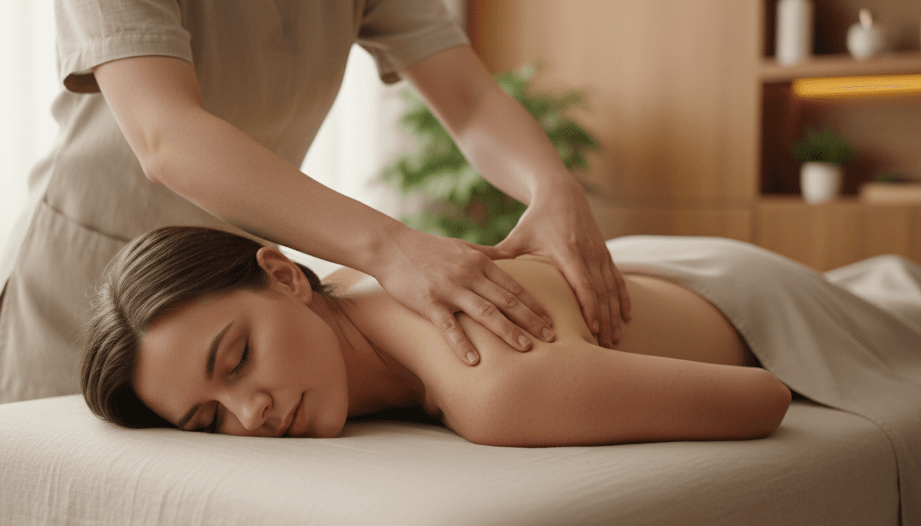 Massage therapist's hands performing deep tissue work on client's back and shoulders in peaceful wellness setting